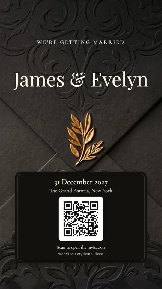 WhatsApp status poster for James and Evelyn's wedding, with a QR code that opens their invitation