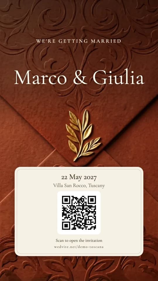 WhatsApp status poster for Marco and Giulia's wedding, with a QR code that opens their invitation