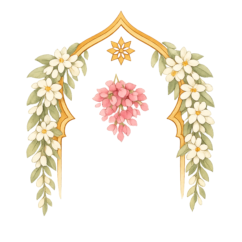 Moroccan keyhole arch with orange-blossom garland